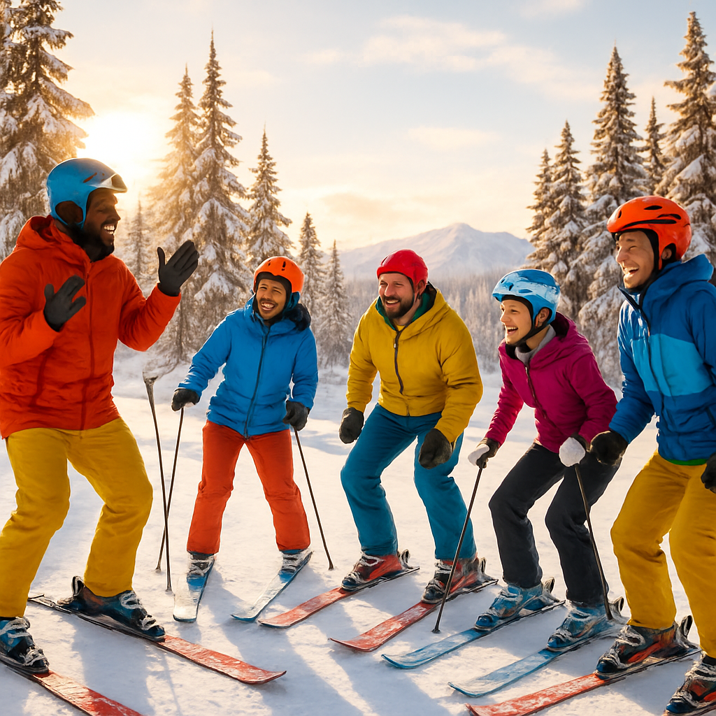 Imagine a serene winter scene where a group of diverse adults bundled in colorful ski gear engage in a lively outdoor workshop on a snowcovered mounta-1